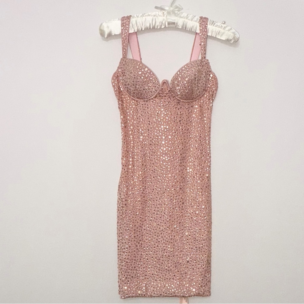 Oh Polly NWT Rose Gold Rhinestones Mini Dress - Picture 2 of 6